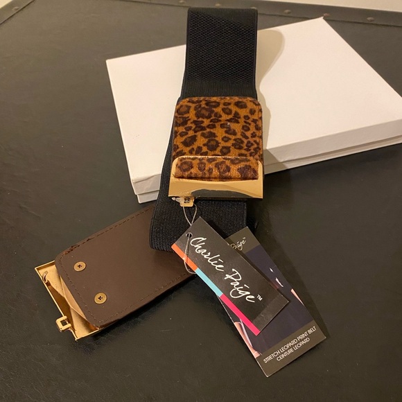 Charlie Paige Black Leopard Stretch Belt with Gold Buckle, Women, Size - Picture 3 of 5